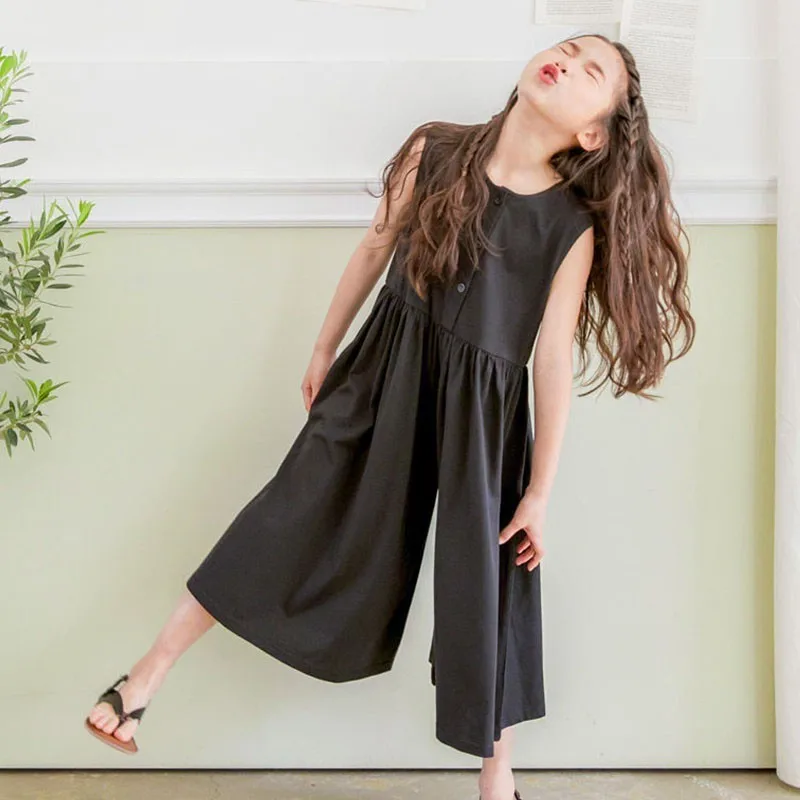 Black Cotton Sleeveless Dresses Loose Pants For Baby Big Girls Summer 2019 High Waist Wide Leg Trousers Dress Children Clothing | Детская
