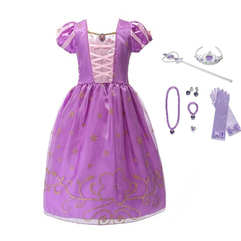Purple Dress Set MUABABY платье Рапунцель с аксессуарами; комплект для девочек; летнее платье принцессы; детская одежда; нарядный костюм Белоснежки Софии - Цвет: Purple Dress Set