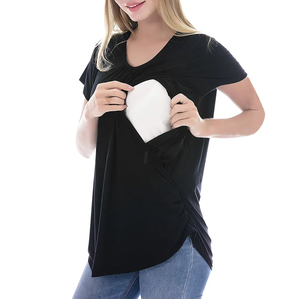

2019 New short-sleeved round collar pure color breastfeeding pregnant woman T-shirt T0702
