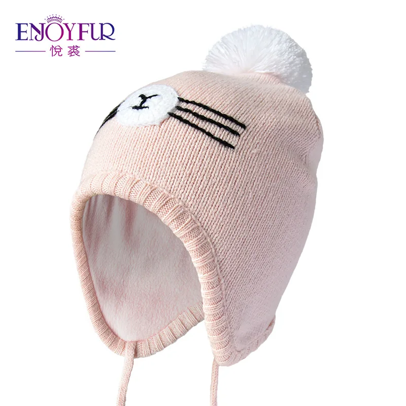 11W10 Детская вязаная шапка ENJOYFUR, трикотажная теплая хлопковая шапка с закрытыми ушками для девочек и мальчиков 2-8 лет, с меховым помпоном, зима - Цвет: 11W10