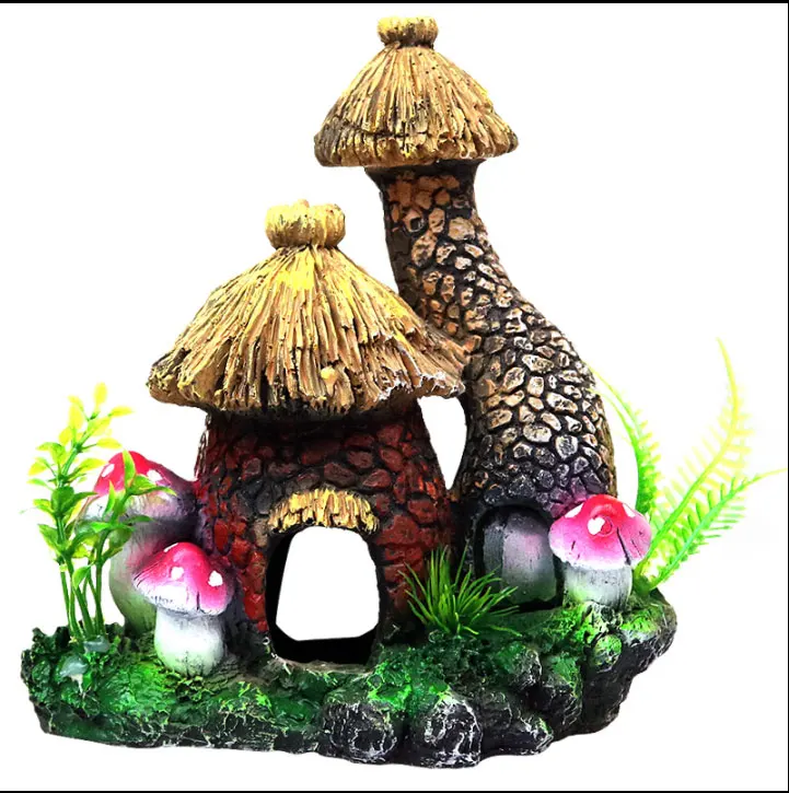 Simulation Mushroom House Cobblestone Fish Tank Decoration Accessories With Caves Can Be Hidden DIY Resin Aquarium Background | Дом и сад