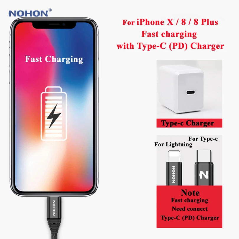 Nohon type-C PD кабель для Lightning iPhone X 8 Plus 8 P 8 pin телефонный кабель синхронизации данных для iPhone 7 6S 6 Plus 5S 5 Быстрая зарядка