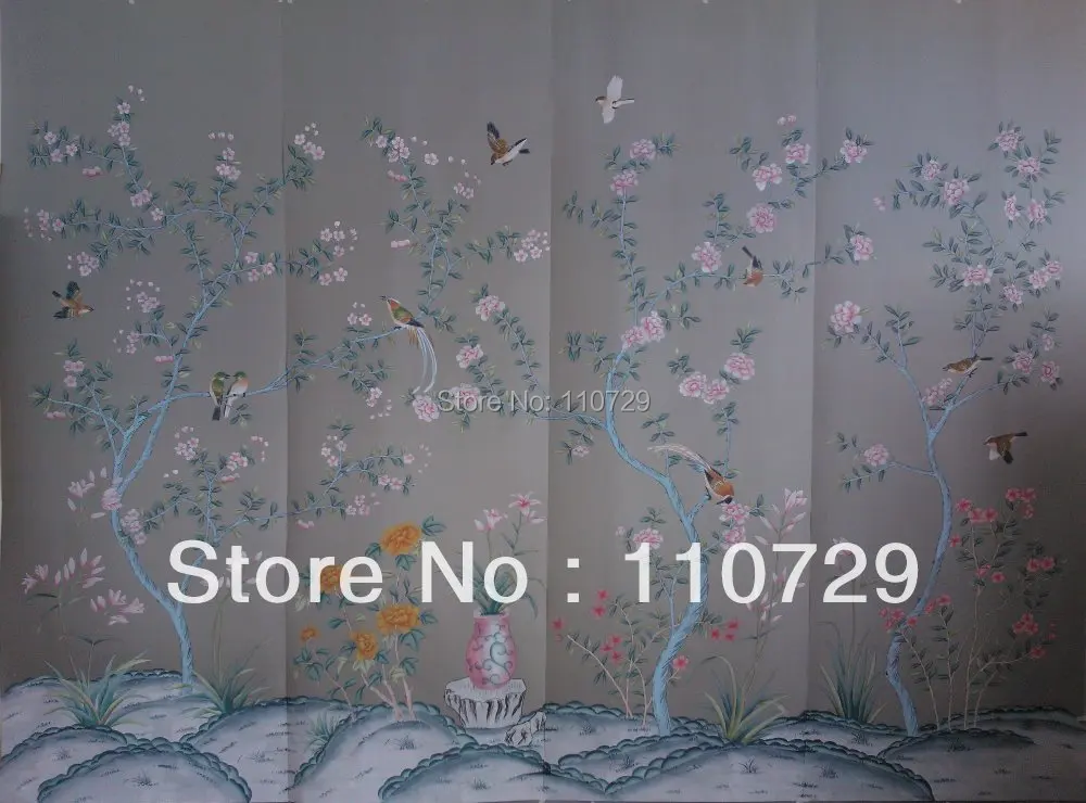 Buy 14 3 00 手描きのシルクの壁紙絵画花で鳥 フェンス手描きテレビ 寝室 リビングルーム ダイニング ソファ壁装紙