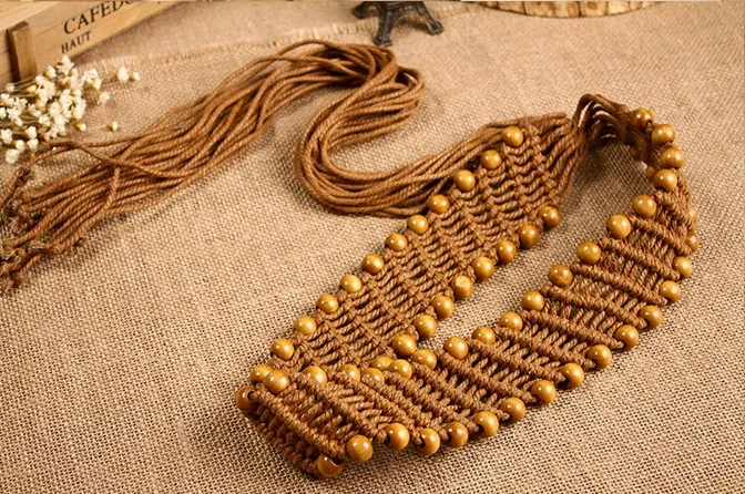 See Orange Vintage Wood Beads Belt Knitted Wide Belt Women Belt Dress Coat Cinturon Hombre Accessories SO4115
