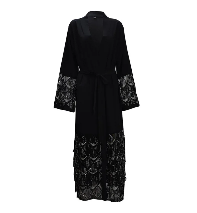 Женское длинное платье кардиган abaya черное кружевное с пайетками поясом макси