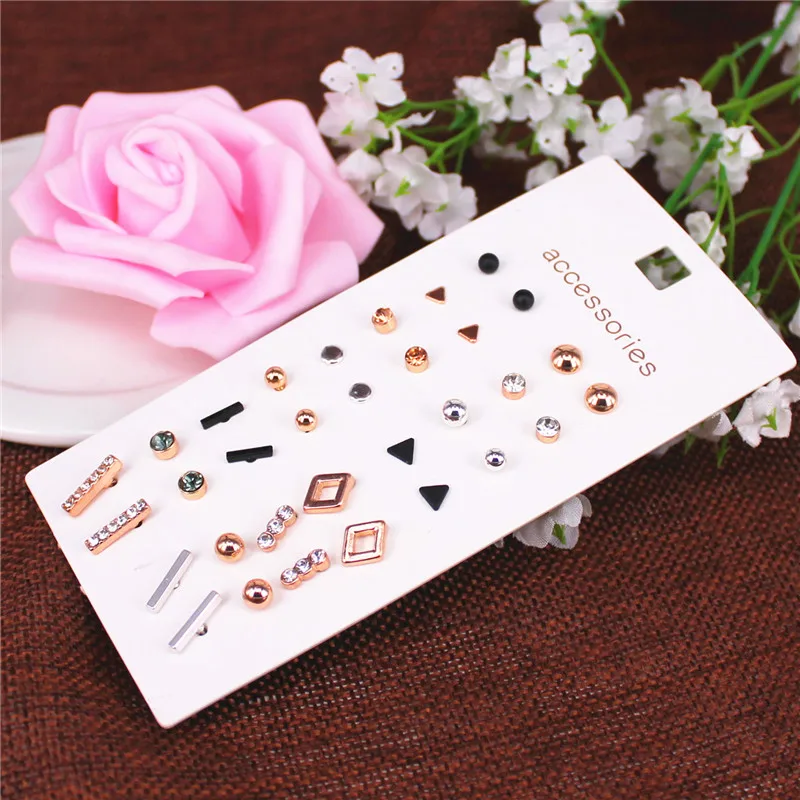 XQ Korean style stud earrings set 16 pairs / card black plated rose gold color triangle geometry combination woman accessories | Украшения