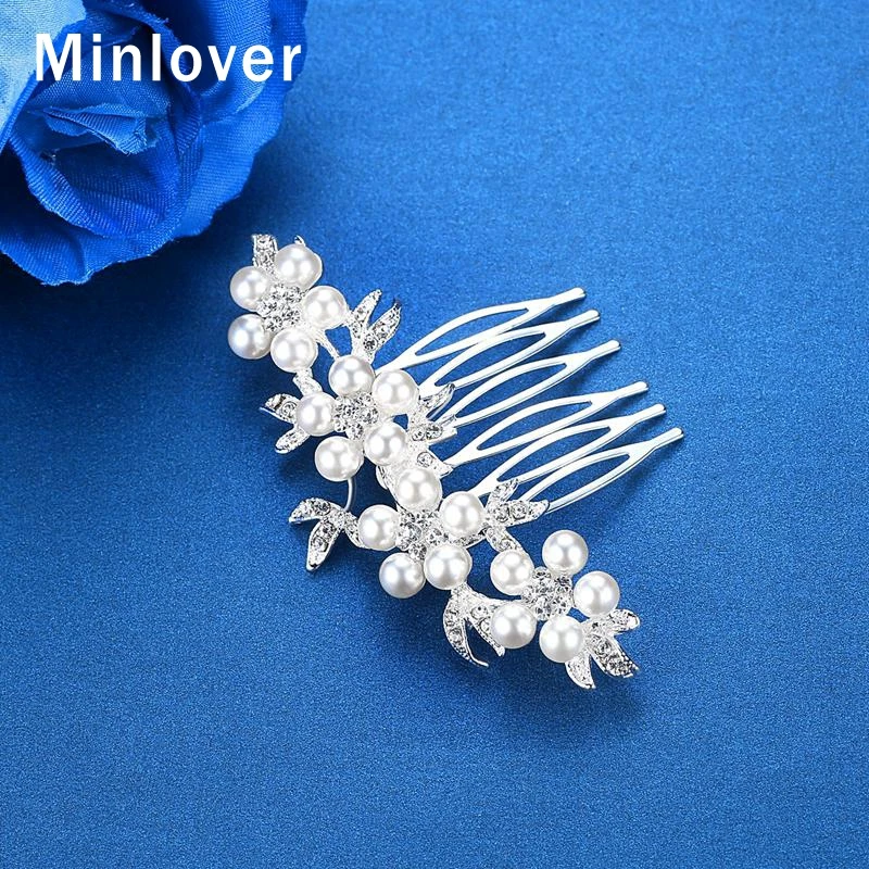 Minlover Роскошные Имитация Перл невесты гребни серебро цветная шпилька листьев