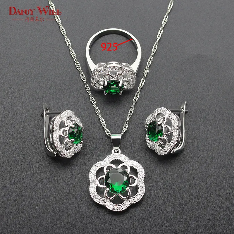 Green Crystal Jewelry Sets For Women White CZ 925 Logo Silver Color Earrings/Ring/Necklace/Pendant/Bracelets Party Wedding | Украшения и