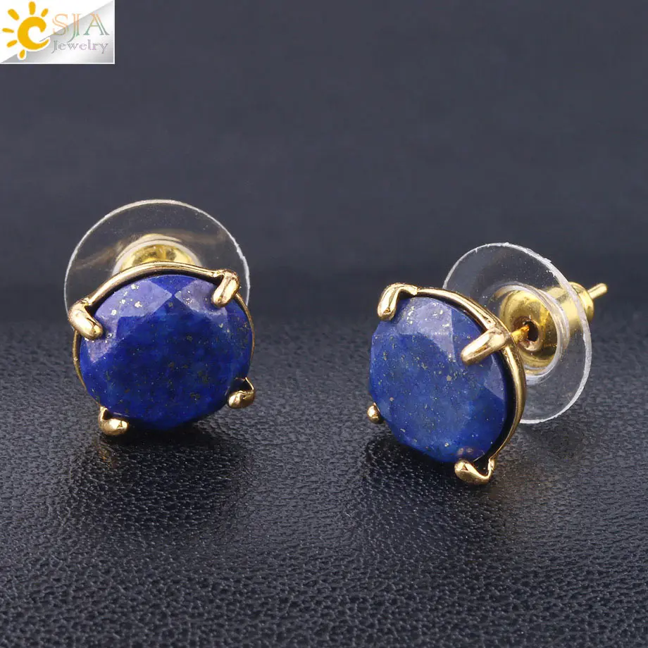 Lapis CSJA, серьги-гвоздики из натурального камня, круглый розовый кристаллический кварц, драгоценный камень, бусины золотого цвета, простые серьги для женщин, девушек, очаровательные ювелирные изделия F693 - Окраска металла: Lapis