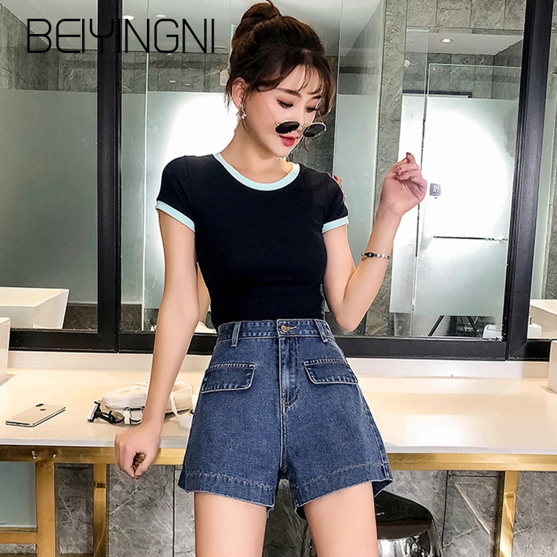 Beiyingni Джинсы женские с высокой талией однотонные короткие брюки летние