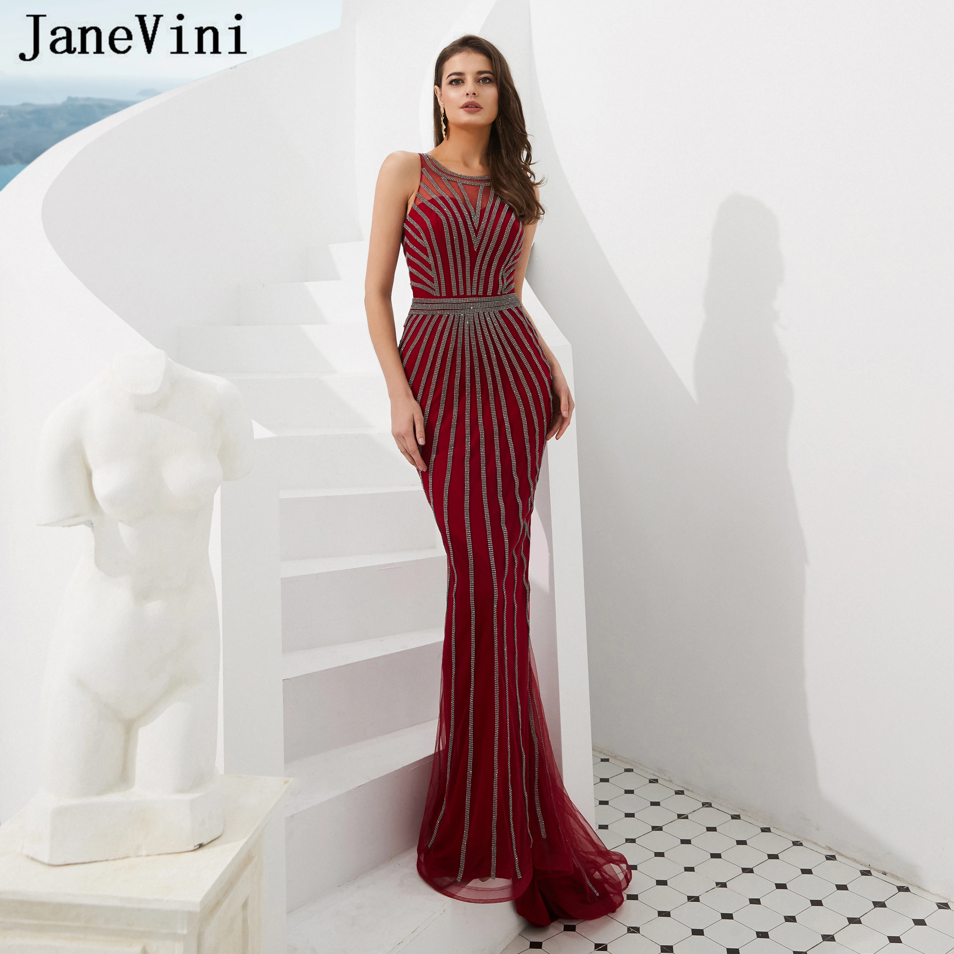 

JaneVini Роскошные бисером блестящий бордовый вечернее платье 2019 О образным вырезом без рукавов сексуальное Дубай вечернее бальное платье в виде русалки для женщин халат Longue