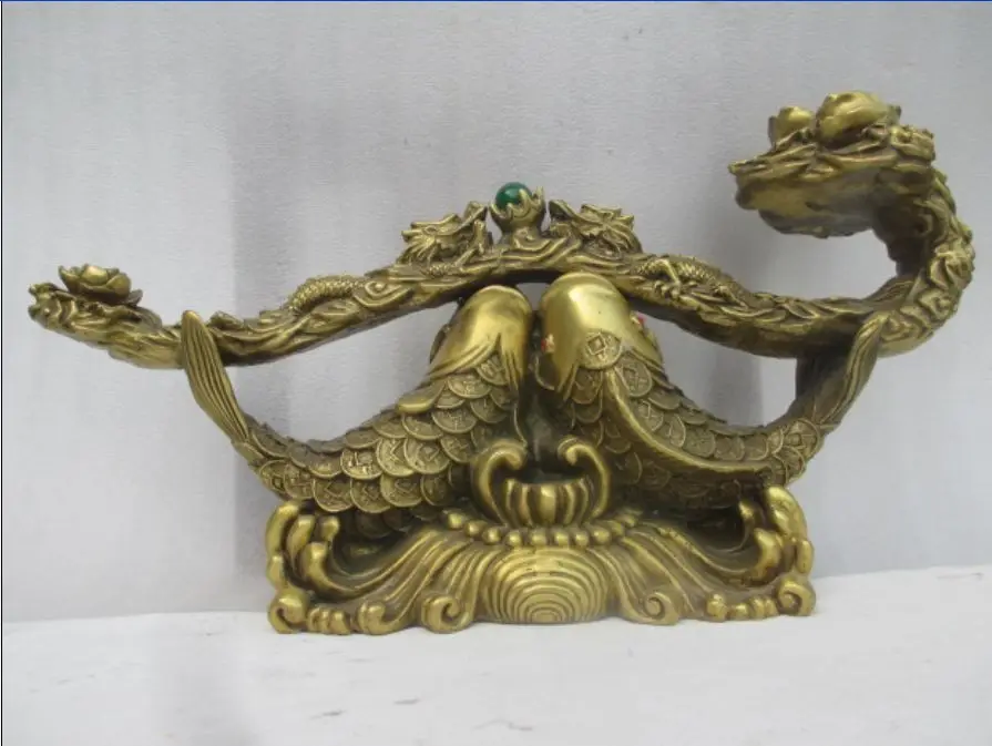 37 см * Большой Китайский бронзовый резьба карпа играть перл дракон ру йи