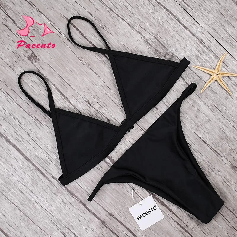 Pacento однотонный комплект бикини красный черный купальники женские 2018 слинг