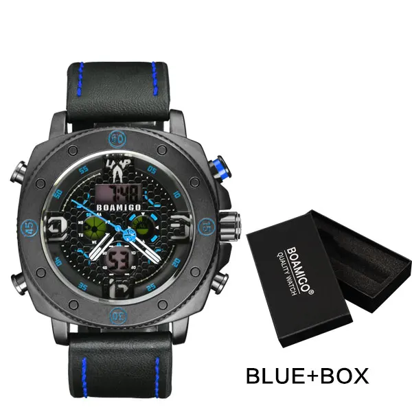 blue with box BOAMIGO Брендовые мужские спортивные часы модные кварцевые светодиодный цифровые наручные часы водонепроницаемые кожаные часы Reloj Hombre relogio masculino - Цвет: blue with box