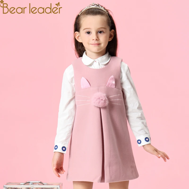 Bear leader/платье для девочек; Новинка года; сезон осень; Повседневный стиль; однотонное ТРАПЕЦИЕВИДНОЕ платье без рукавов с заячьими ушками и меховыми бальными аксессуарами; детское платье