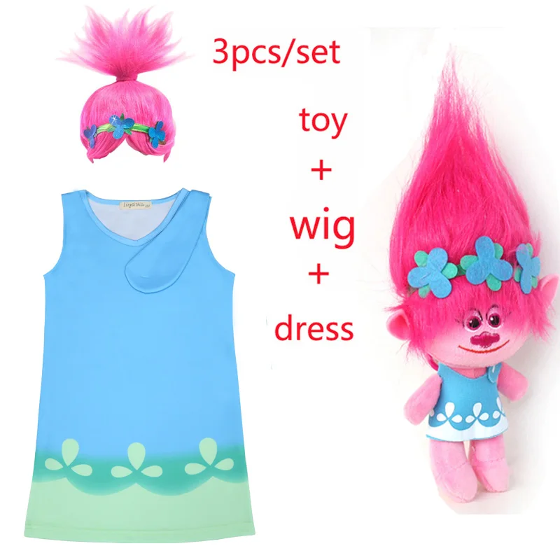 2018 New Carnival Costume Trolls Dress Wig toy For Kids Poppy Lace Baby Girls Moana clothes Children Vaiana Party Vestido | Детская