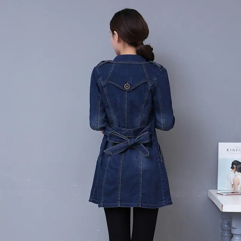 Autumn Women Casual slim Long Denim Trench Coat Female Boyfriend jean Overalls Plus Size Double-breasted Windbreaker coats y79 | Женская