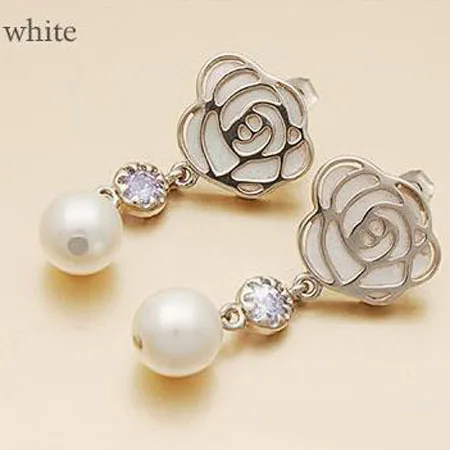 Free shipping White Rose Flower earrings zircon pearl beads silver gold stud earring for women crystal jewelry wholesale | Украшения и