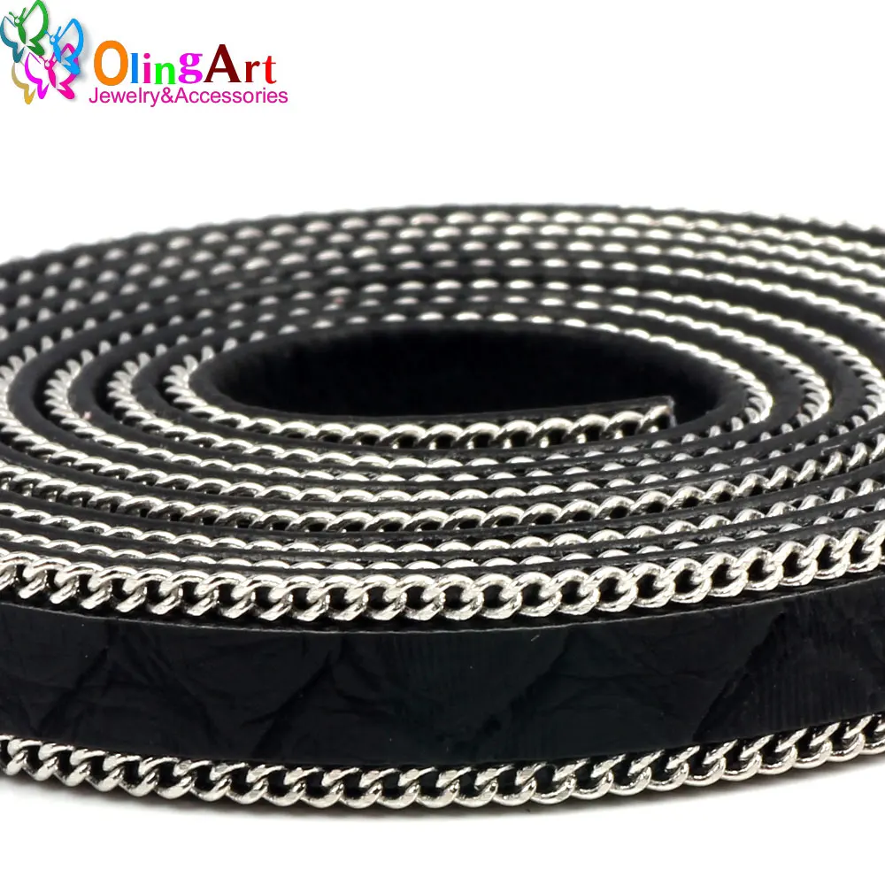 OlingArt 10*3 мм 1 м шнур из искусственной кожи черный цвет серебряная цепочка