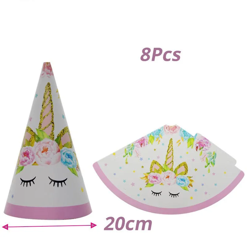 8pcs Paper Hat Вечерние принадлежности в виде единорога для детей на первый день рождения, бумажные стаканчики и тарелки, скатерть, салфетка, баннер, топпер для торта, вечерние принадлежности для детского душа - Цвет: 8pcs Paper Hat