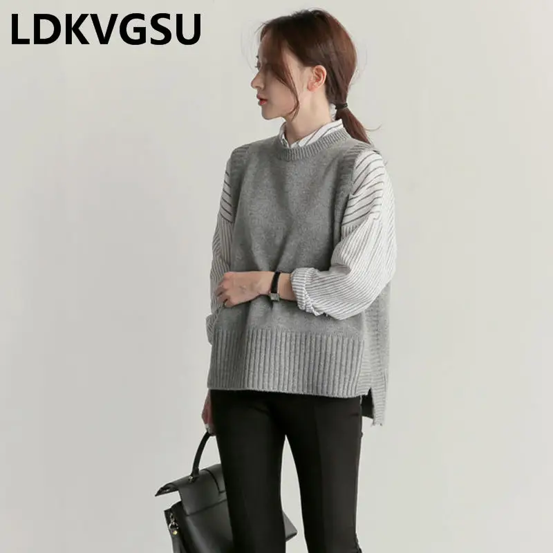 Женский свитер без рукавов Is1660 свободный Однотонный с круглым вырезом большого