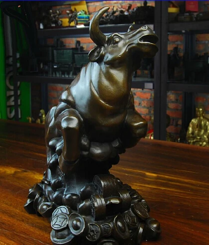 Китайская красная Медная скульптура настенная уличная статуя богатства Yuanbao бык