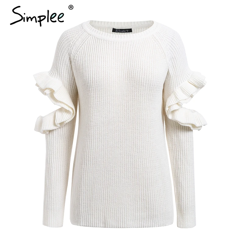 Женский белый полый свитер Simplee с рюшами повседневный элегантный пуловер для