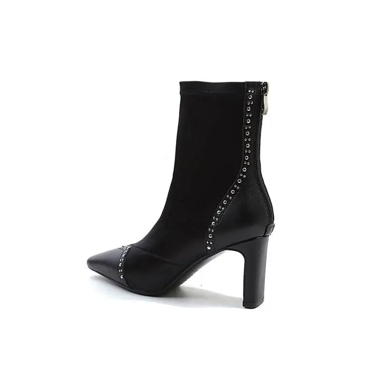 MEMUNIA SIZE 34-42 2020 NEW fashion genuine leather+stretch fabric ankle boots women rhinstone zip high heel casual shoes | Обувь