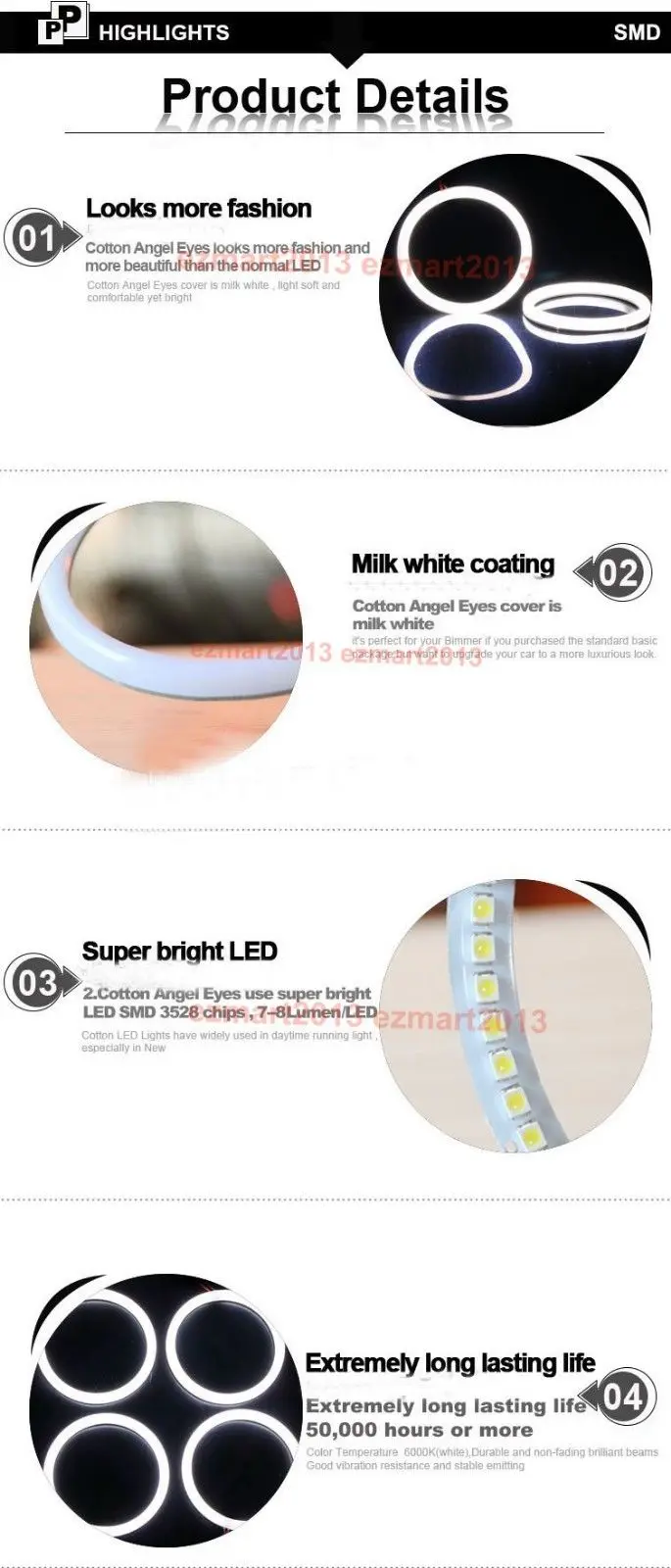 cotton white LED halo rings fit for Nissan 350Z 2006 2007 2008 2009 car headlight LED angel eye Devil Demon eye lamp DRL