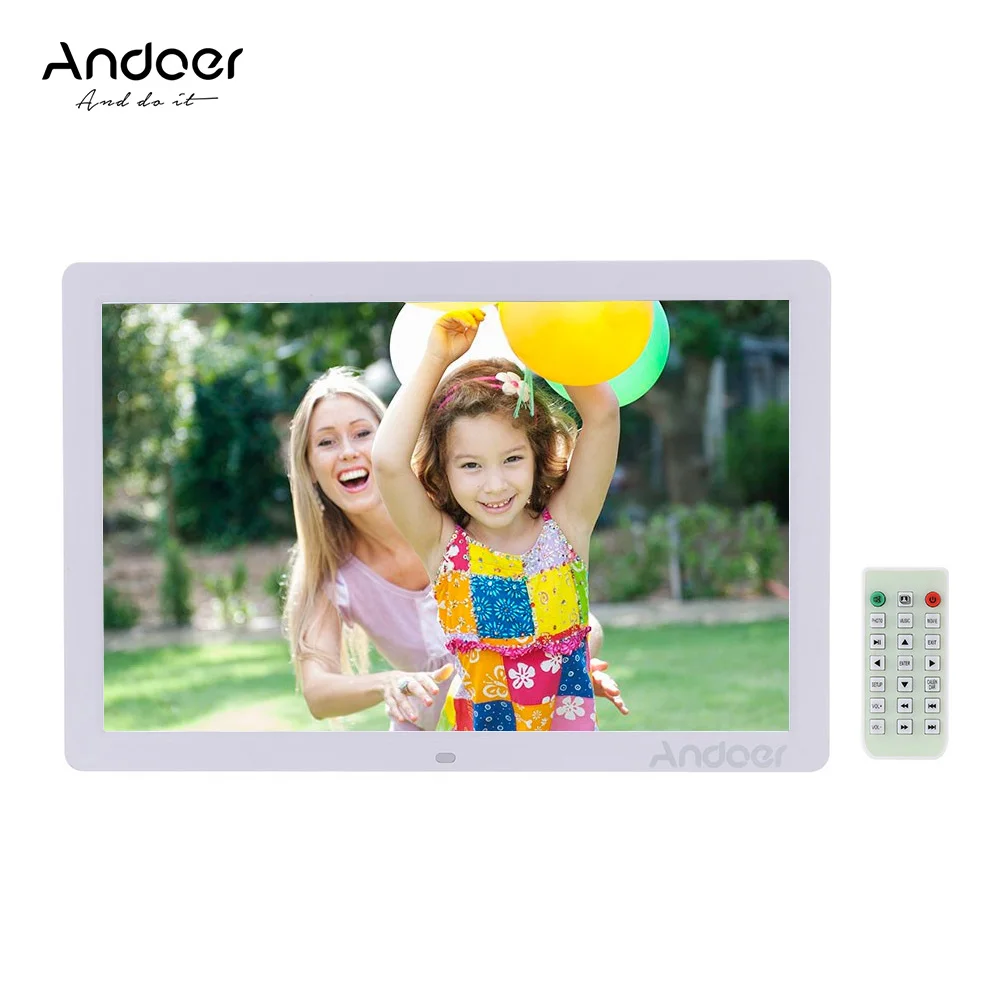 White Andoer 1" светодиодный цифровой фоторамка с высоким разрешением 1440*900 1080P рекламный автомат будильник MP3 MP4 с пультом дистанционного управления - Цвет: White