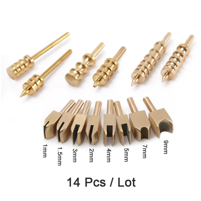14 Pcs side head Кожа Чистая латунь паяльник наконечник для сжигания края украшения ручной работы кожа пирография инструменты комплект электрический - Цвет: 14 Pcs side head