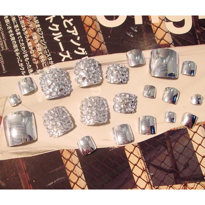 24Pcs Charming Foot False Nail Tips Glitter Rhinestone Fake Toes Nails Tool J25
