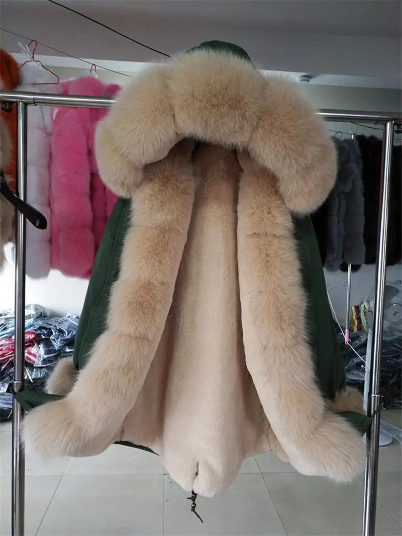 green light brown OFTBUY, длинная камуфляжная зимняя куртка, пальто, женская верхняя одежда, теплая Толстая парка, натуральный Лисий мех, воротник, пальто с капюшоном, Украина - Цвет: green light brown
