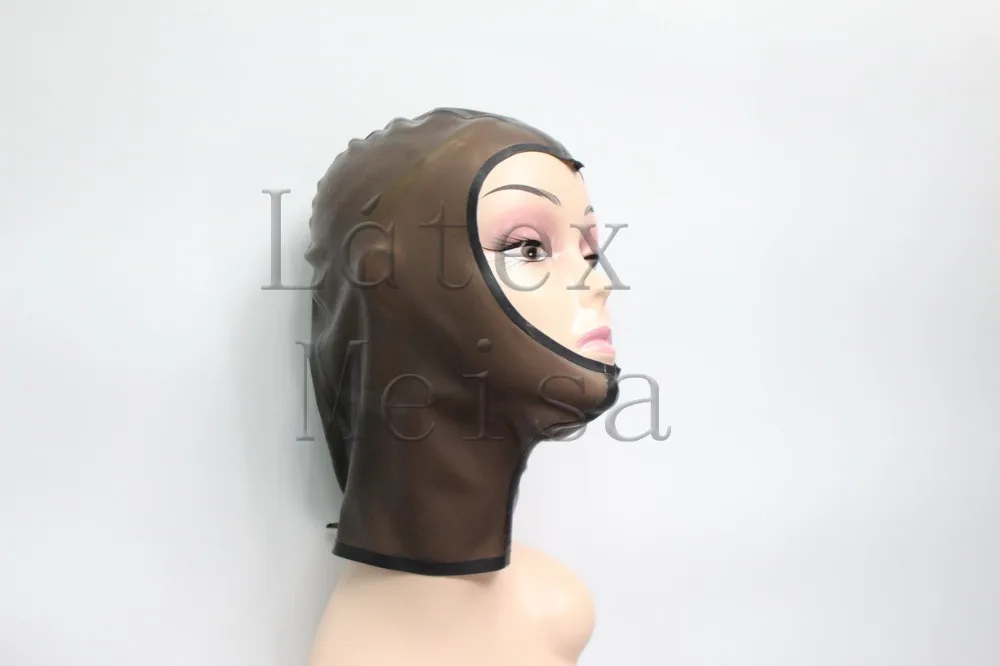 

Rubber masks Latex hoods with open face in transparent black and black trim color for female