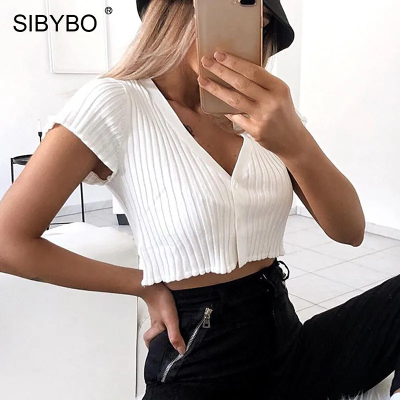 Sibybo, ребристые хлопковые сексуальные топы для женщин, v-образный вырез, пуговицы, тонкий короткий топ для женщин, белый пляжный повседневный летний женский топ
