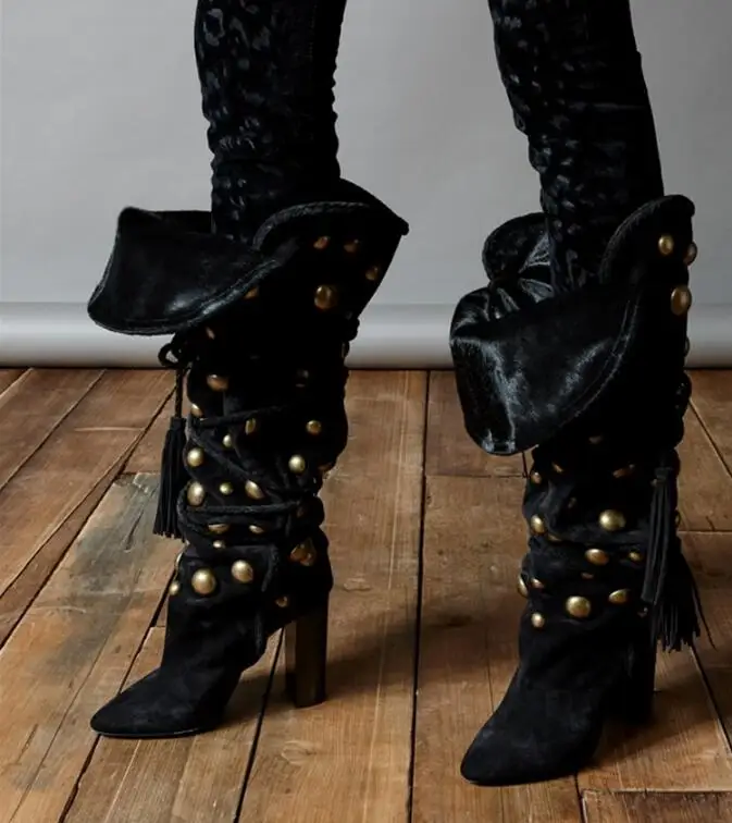 

Winter New Fashion Women Pointed Toe Gold Metal Button Rivet Chunk Heel Knee High Boots Lace-up Black Suede Thick High Heel Boot