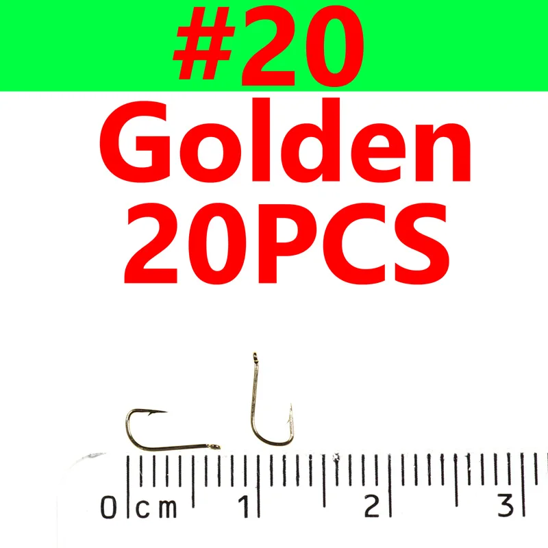 size 20 golden 20pcs 20 шт. тонкий проволочный сухой мухобойный крючок золотистого и красного цвета для завязывания мух с острым наконечником маленькие рыболовные крючки для привязывания мелкой форели - Цвет: size 20 golden 20pcs