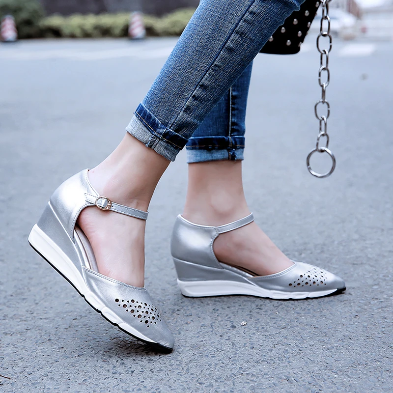 JK Ankle Strap Sandals Women Pointed Toe Footwear Wedges High Heels Shoes Casual Cutout Woman Summer 2019 New | Обувь