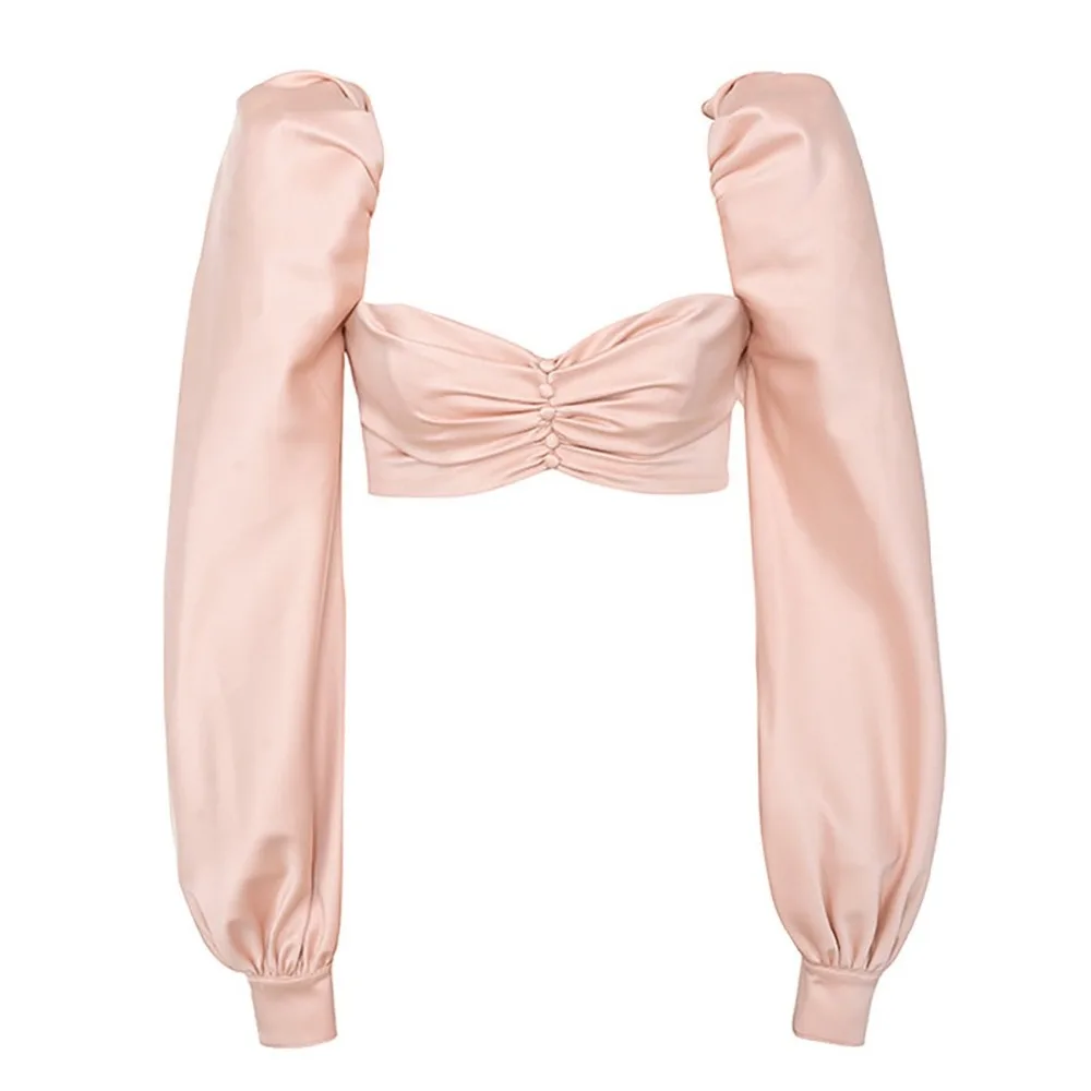 Однотонный Топ без бретелек с пышными рукавами футболки для женщин высокая улица