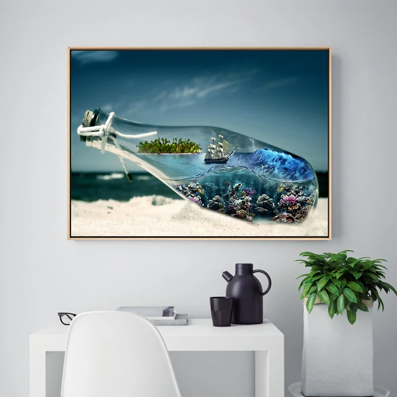 Круглый дрель 5D DIY алмазной живописи "Море парусник Drift бутылки" искусства