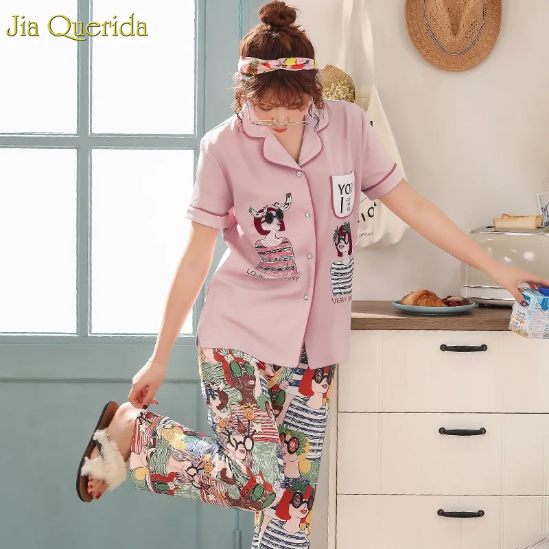 Pajama Sets Women 2019 New Fashion Cotton 100% Loungewear Sleepwear Short Sleeve Long Pants Home Suits Pink Pajamas Woman | Женская