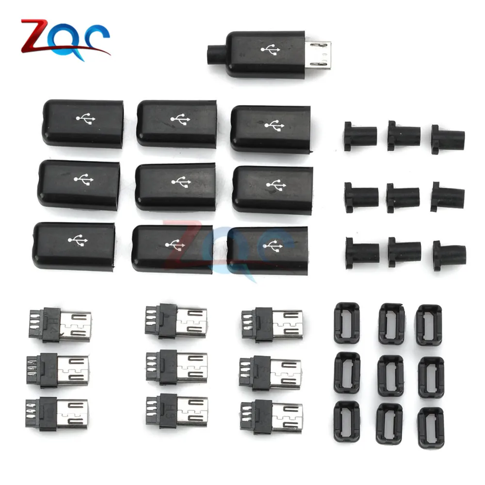 10 комплектов DIY Micro USB штекерные соединители Комплект разъемов ж/крышки черный