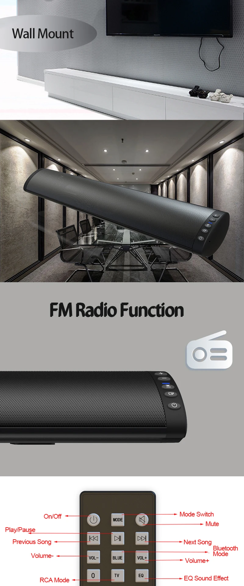 20 Вт ТВ Саундбар Bluetooth беспроводной динамик 10 Вт FM радио настенный домашний кинотеатр система объемного звучания стерео Бас Сабвуфер