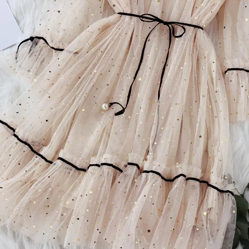 

spring summer new women Star sequins gauze flare sleeve high waistline Princess dress female elegant o-neck mesh dresses