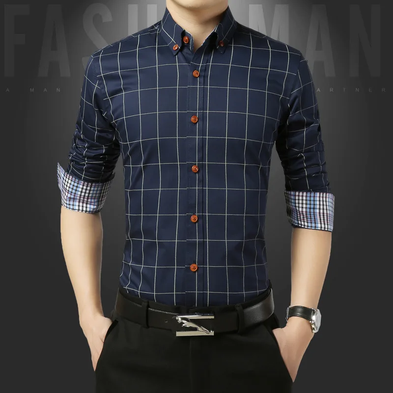 navy blue Новая Осенняя Модная брендовая мужская одежда, приталенная Мужская рубашка с длинным рукавом, мужская клетчатая хлопковая повседневная мужская рубашка, плюс CS-007 - Цвет: navy blue
