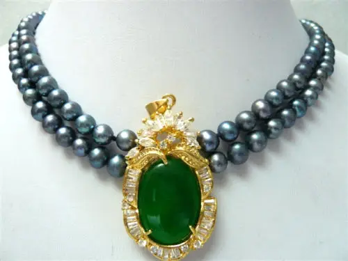 HOT 0015539 4 цветов! очаровательная 2 ряд белый/черный жемчуг и зеленый нефрит кулон