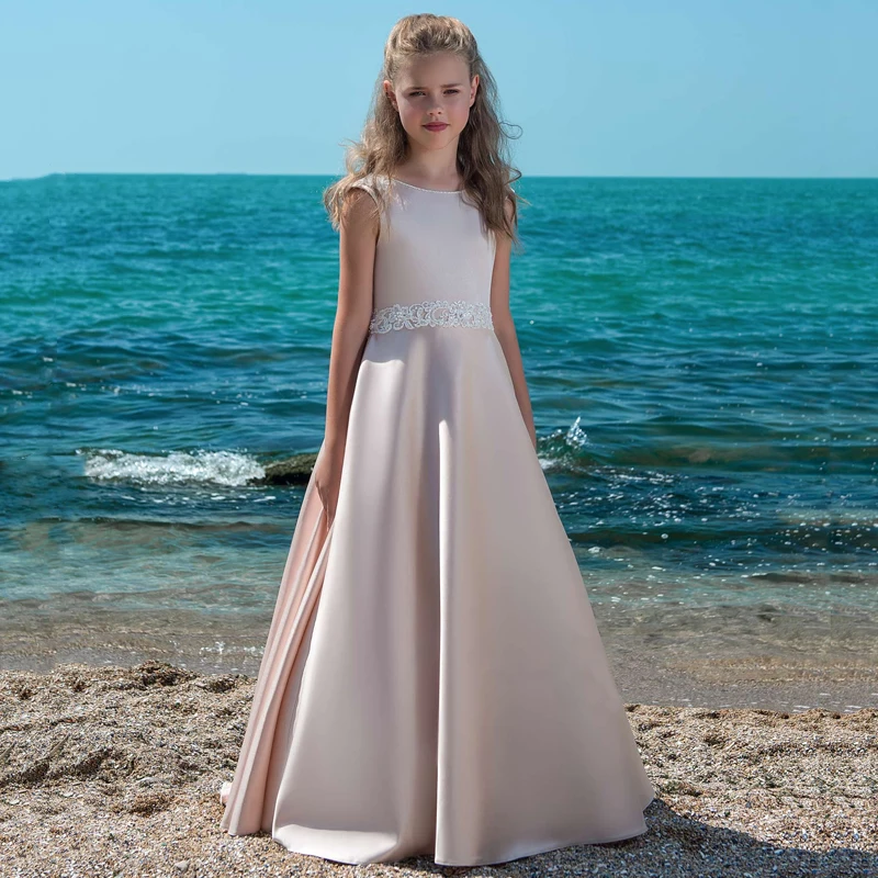 Vintage Satin Dress For Elegant Princess Beading Lace Flower Girls Dresses Backless Custom Made Vestido First Communion Gown | Свадьбы и
