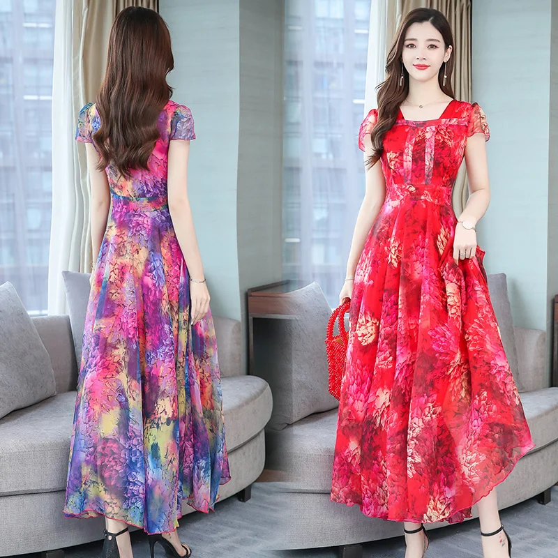 Женское длинное шифоновое платье с цветочным принтом красное фиолетовое зеленое