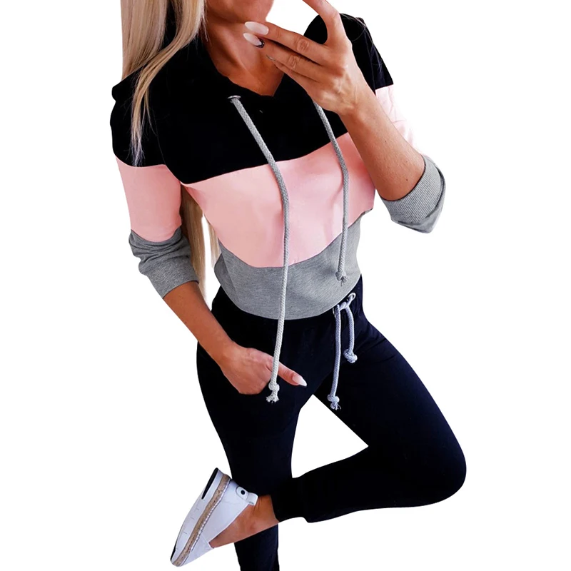 

Women Autumn Winter Sexy Casual Color Patchwork Long Sleeve Hoodies Female All-match Streetwear Hooded Loose Sweatshirt SJ3485M