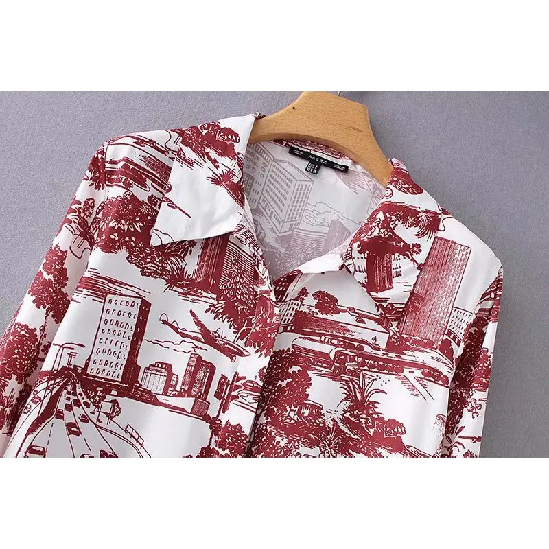 Осень 2018 новый для женщин Элегантный пейзаж печати Длинные Блузки малышек с